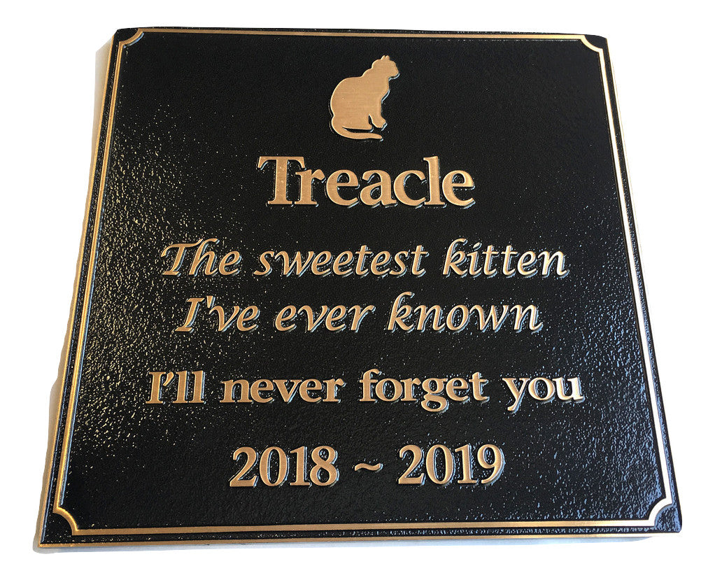 Large square bronze plaque with memorial inscription for a pet cat.