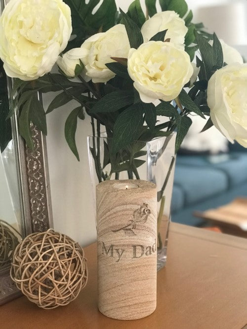 ENGRAVED SANDSTONE MEMORIAL CANDLE WITH INSCRIPTION FOR A PERSON