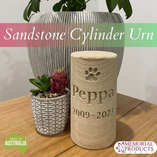 Sandstone Cycler Pet urn with memorial inscription engraved with paw print