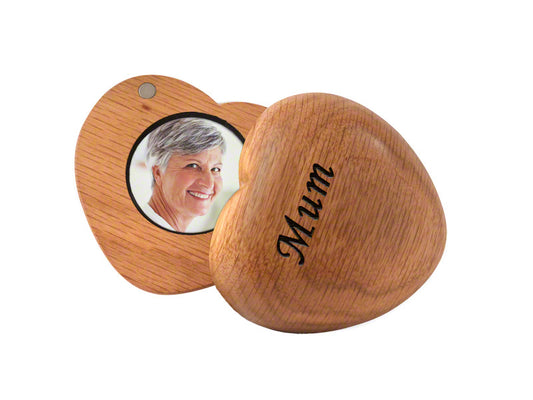 Natural Oak Tribute Heart Keepsake with Photo and Ashes Holder