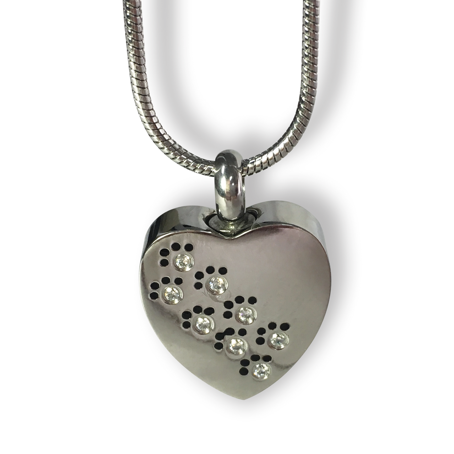 Cremation Jewellery Necklace with a heart shaped pendant with diamante paw print design
