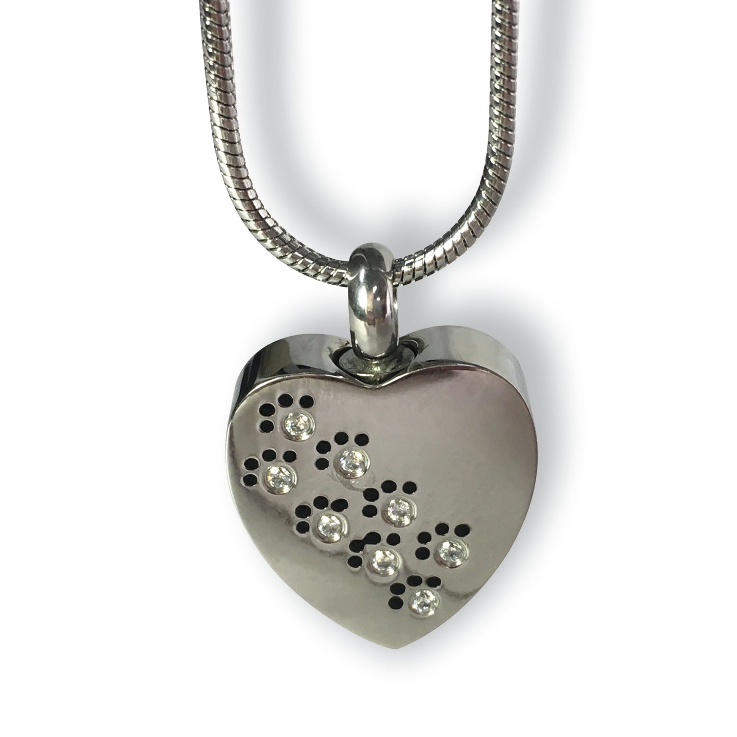 Cremation Jewellery Necklace with a heart shaped pendant with diamante paw print design
