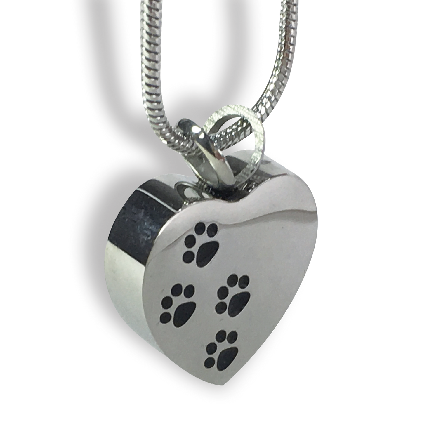Cremation Jewellery Necklace with a Heart Pendant with Black paw print design across it