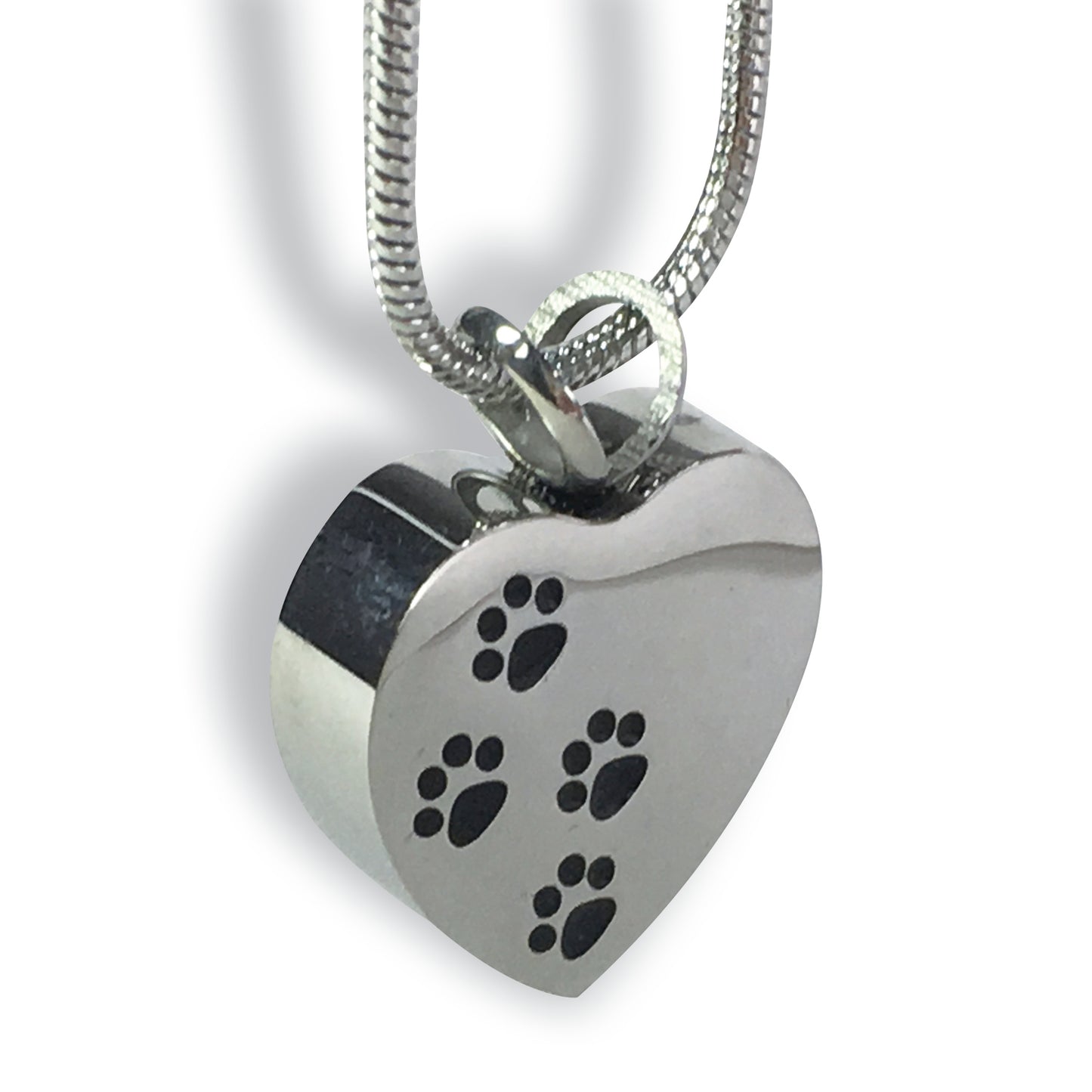 Cremation Jewellery Necklace with a Heart Pendant with Black paw print design across it