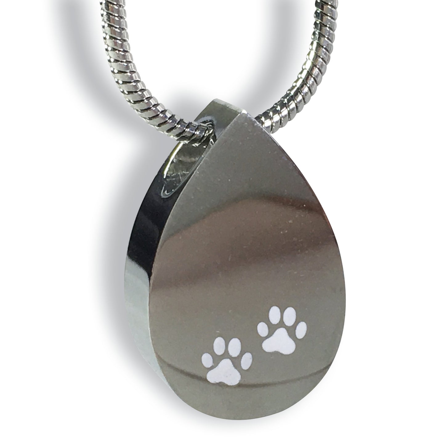 Cremation Jewellery Necklace with a tear drop shaped pendant with white paw prints design