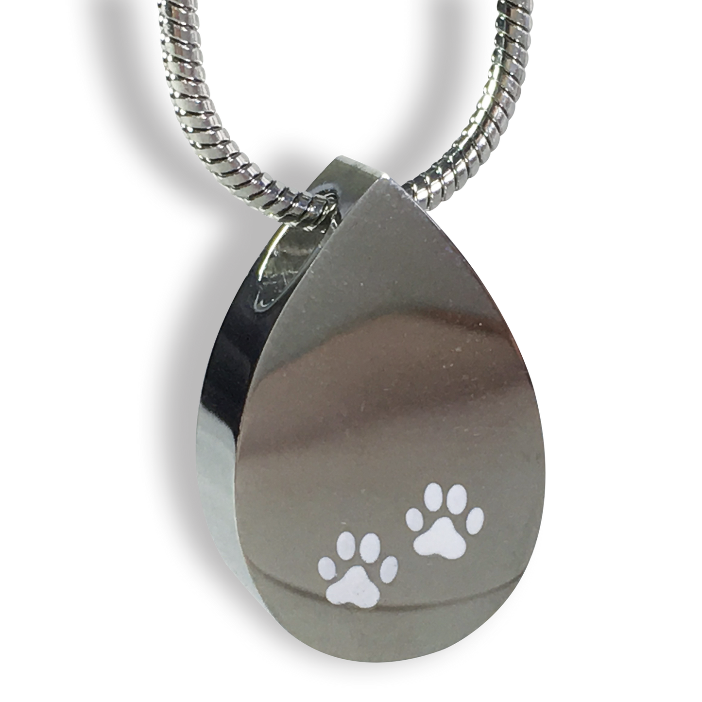 Cremation Jewellery Necklace with a tear drop shaped pendant with white paw prints design