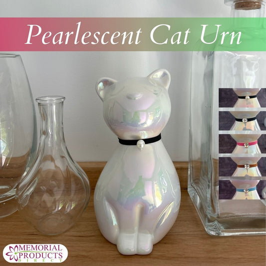 Pearlescent Cat Memorial Urn with Interchangeable Collars