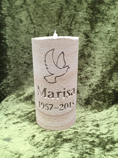 ENGRAVED SANDSTONE MEMORIAL CANDLE WITH INSCRIPTION FOR A PERSON