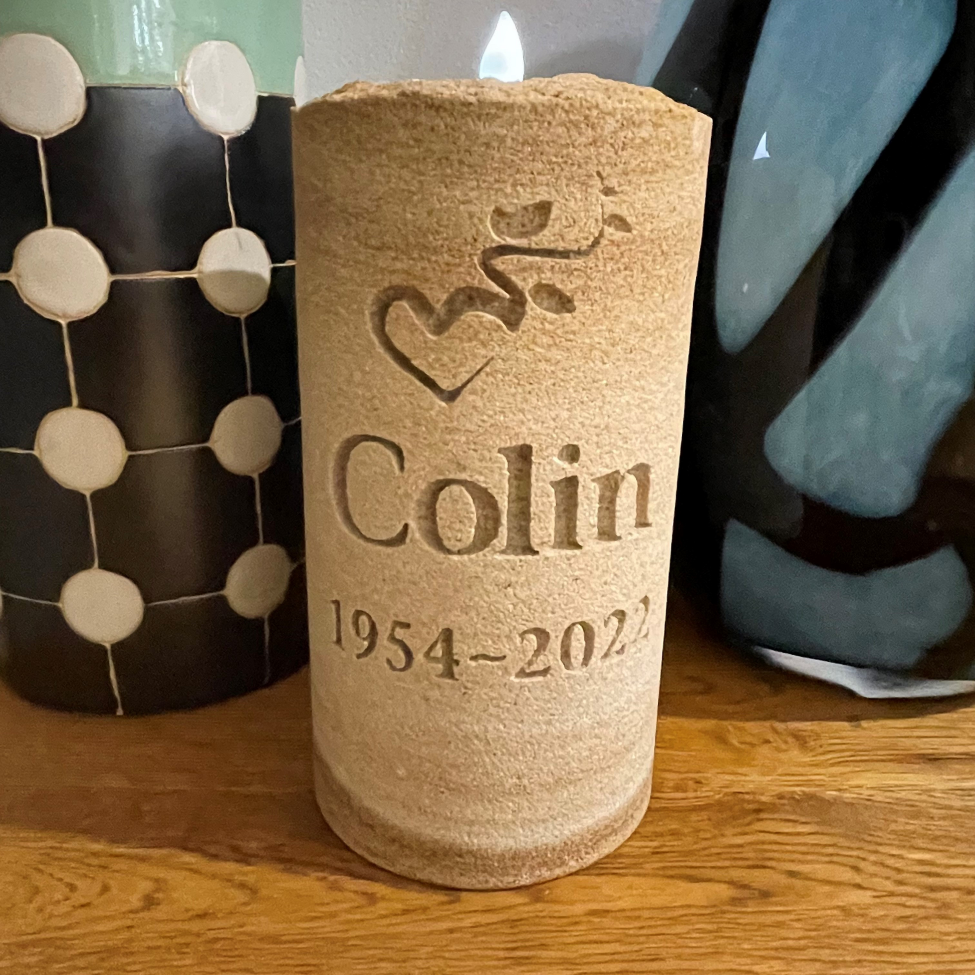 ENGRAVED SANDSTONE MEMORIAL CANDLE WITH INSCRIPTION FOR A PERSON