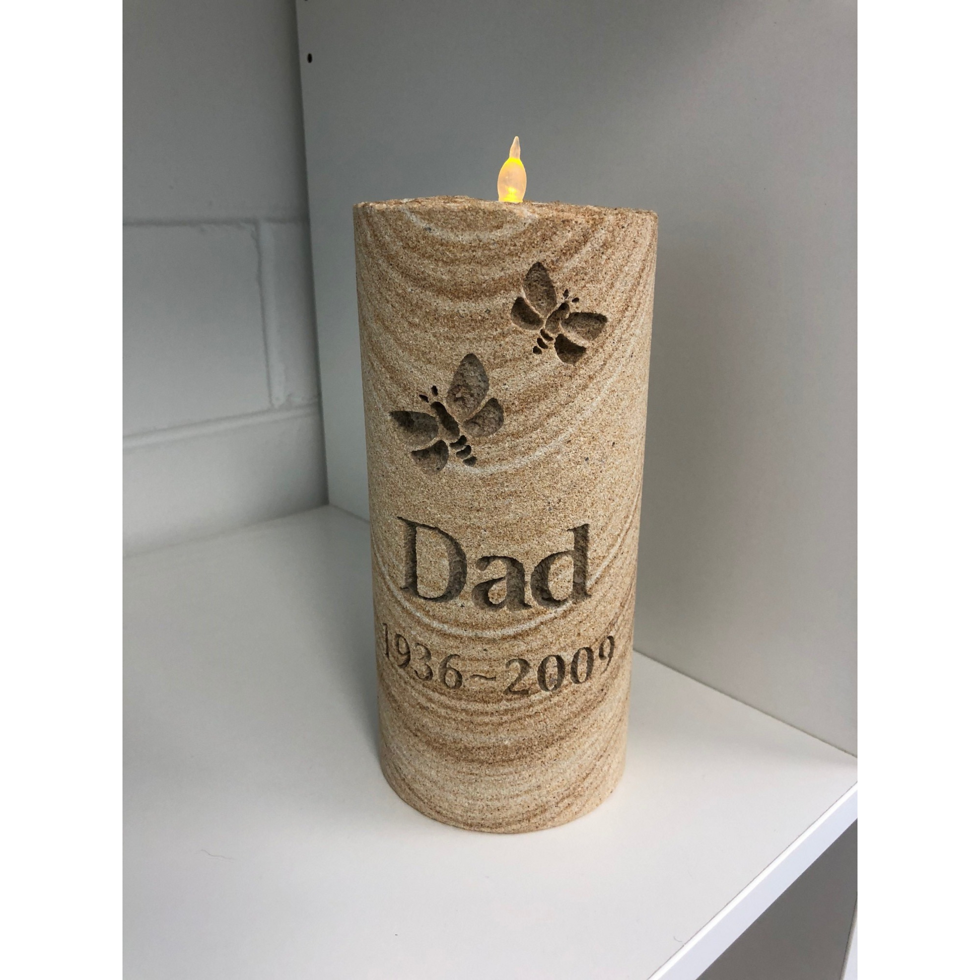 ENGRAVED SANDSTONE MEMORIAL CANDLE WITH INSCRIPTION FOR A PERSON