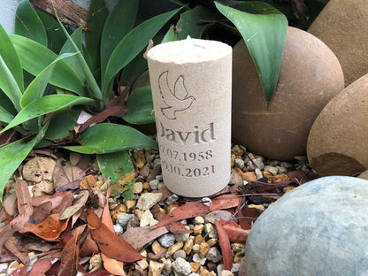 ENGRAVED SANDSTONE MEMORIAL CANDLE WITH INSCRIPTION FOR A PERSON