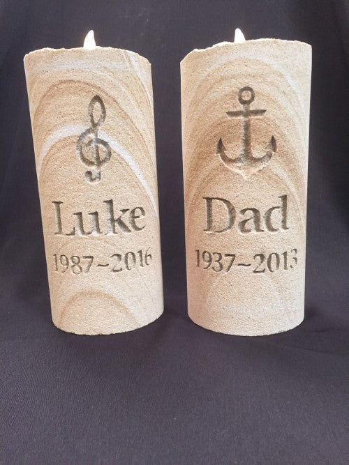 ENGRAVED SANDSTONE MEMORIAL CANDLE WITH INSCRIPTION FOR A PERSON