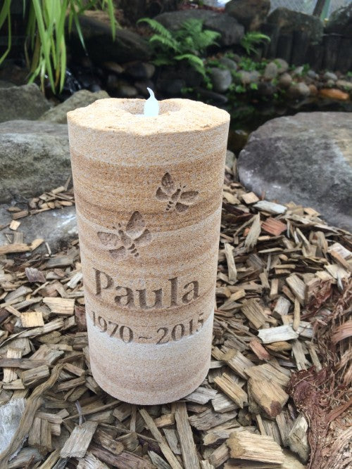 ENGRAVED SANDSTONE MEMORIAL CANDLE WITH INSCRIPTION FOR A PERSON