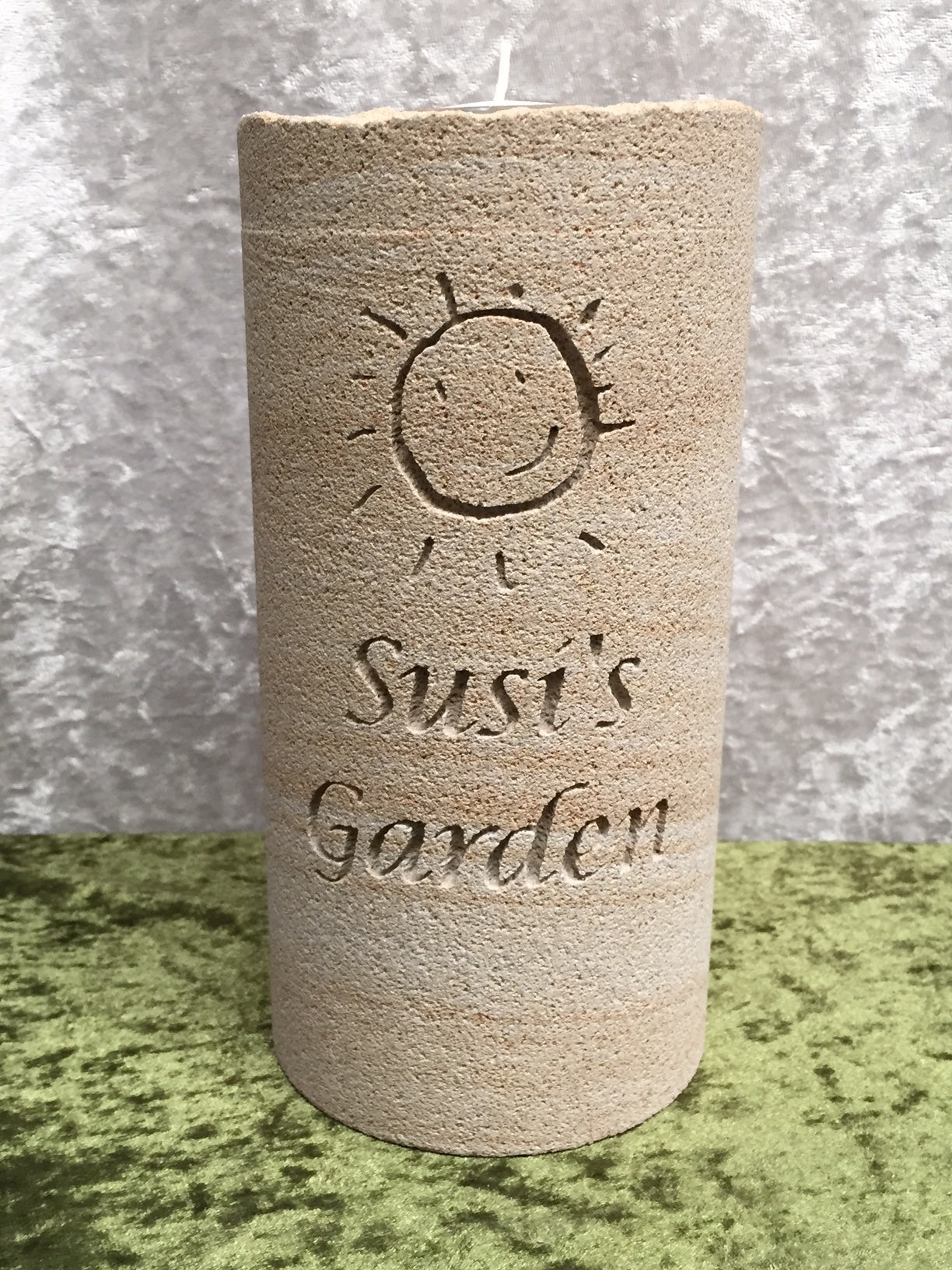 ENGRAVED SANDSTONE MEMORIAL CANDLE WITH INSCRIPTION FOR A PERSON