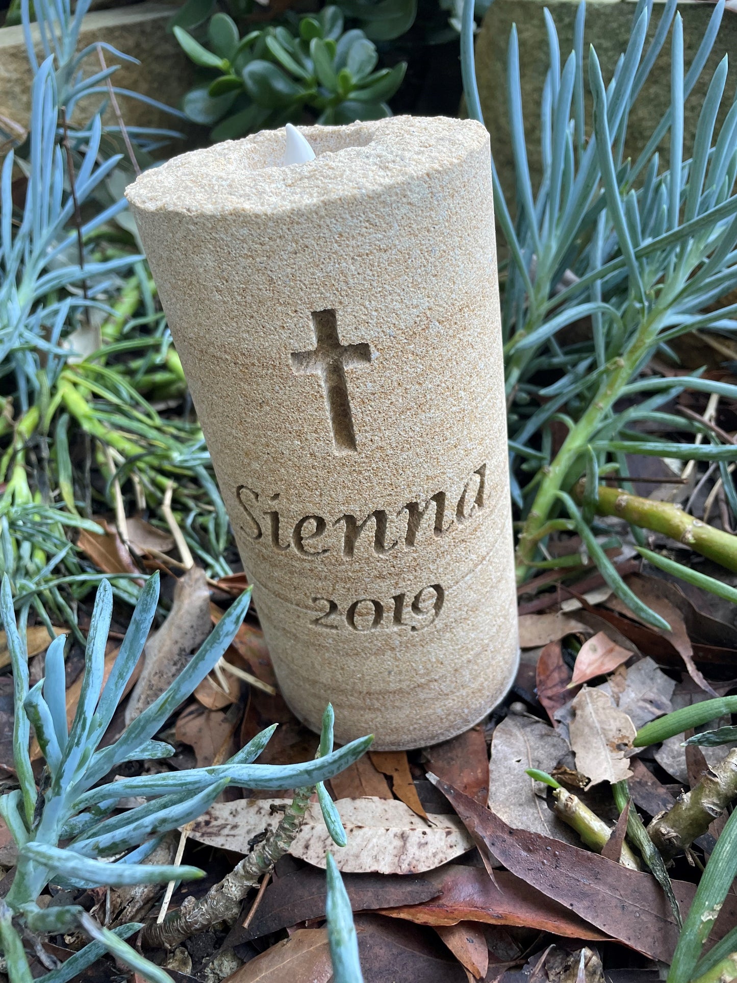 ENGRAVED SANDSTONE MEMORIAL CANDLE WITH INSCRIPTION FOR A PERSON