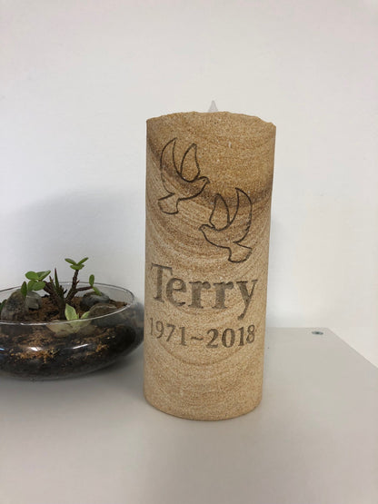 ENGRAVED SANDSTONE MEMORIAL CANDLE WITH INSCRIPTION FOR A PERSON