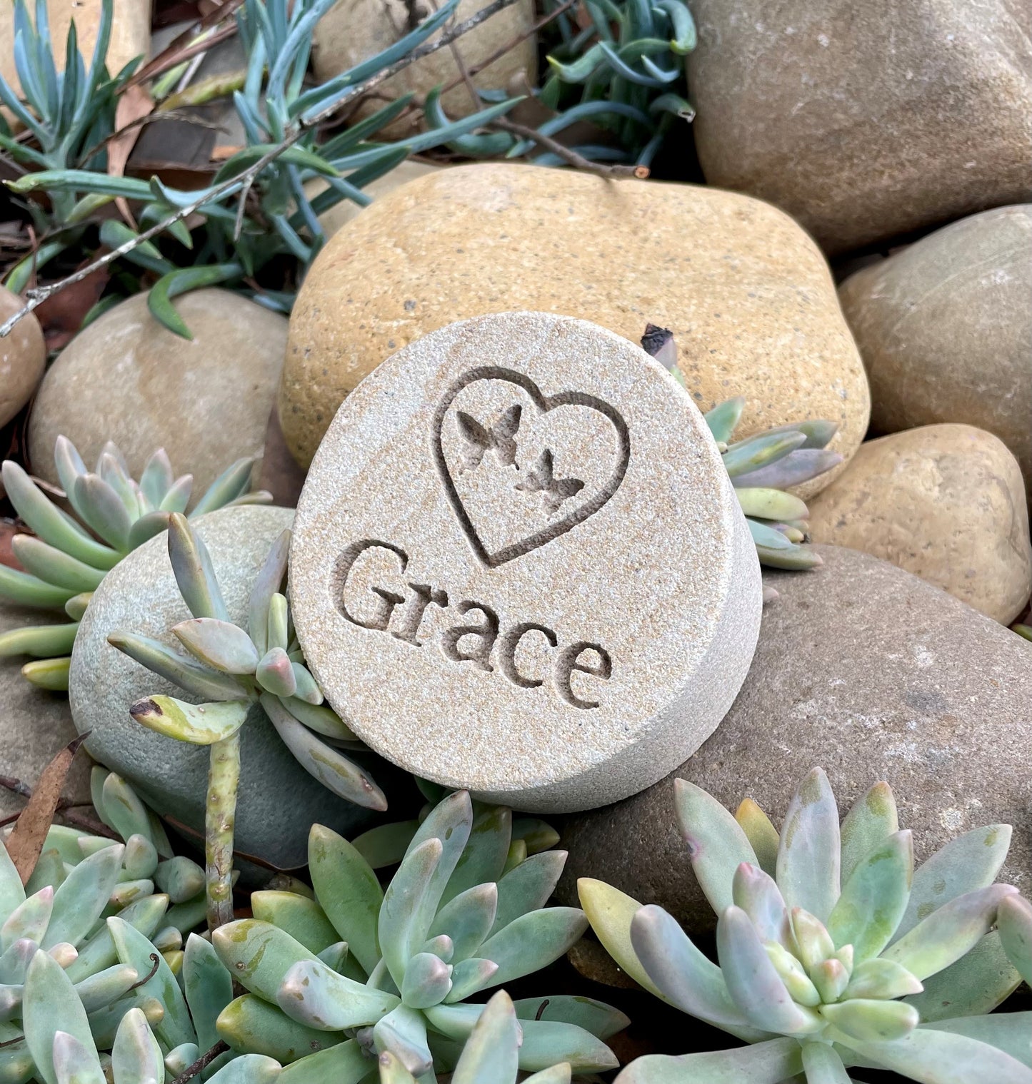 Engraved Sandstone Keepsake with Butterflies inside a heart Graphic and a name "Grace"