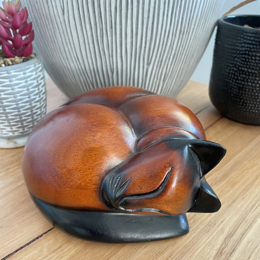 Sleeping Cat Memorial Urn in Timber or Black Resin