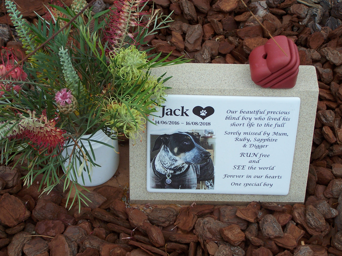 Pet Headstone in Sandstones with Photo Ceramic plaque