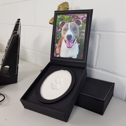 A display case with a photo of a dog and a paw print impression in clay